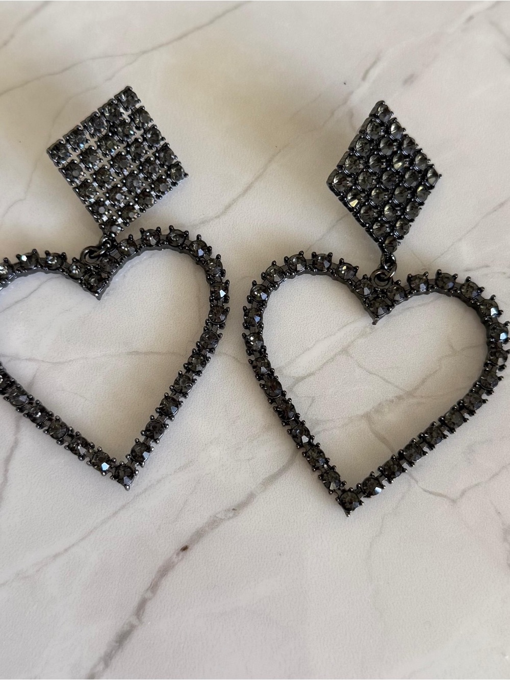 Black Crystal Heart Drop Earrings - Women's Fashion Jewelry